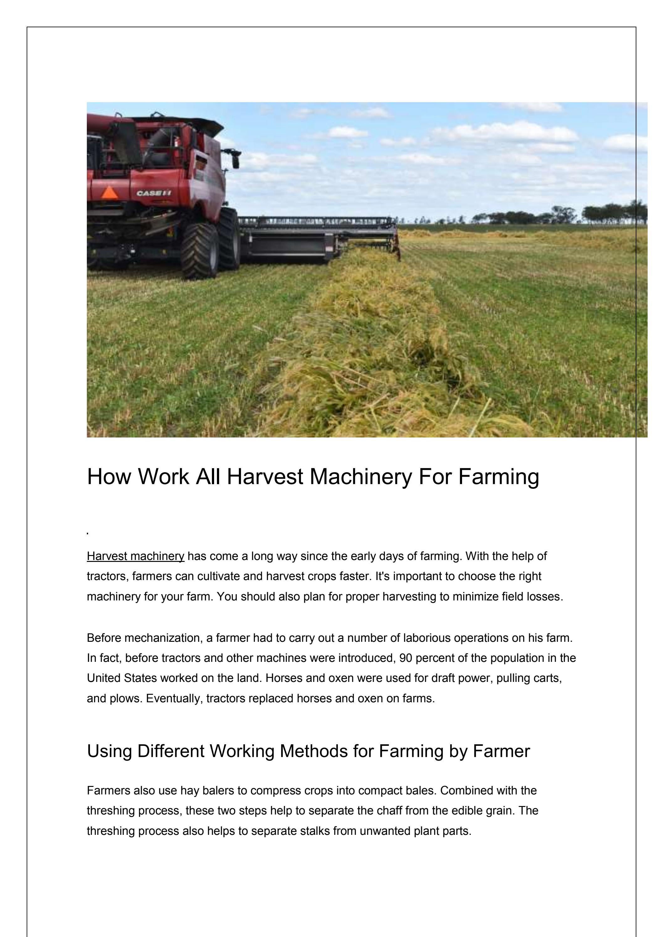 Harvest Machinery For Farming