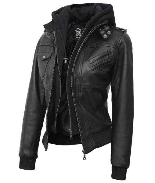 Womens Black Leather Bomber Jacket With Removable Hooded - Yohaan Leathers