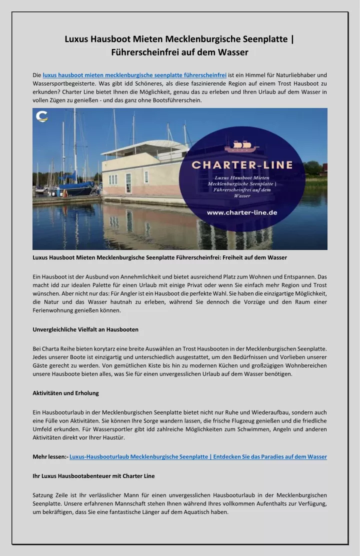 PPT - Luxus Hausboot Mieten Mecklenburgische Seenplatte  Führerscheinfrei auf dem Wasser PowerPoint Presentation - ID:12617688
