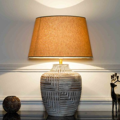 Cumberland Natural Carved Wood Table Lamp With Beige Cotton Shade Profile Picture