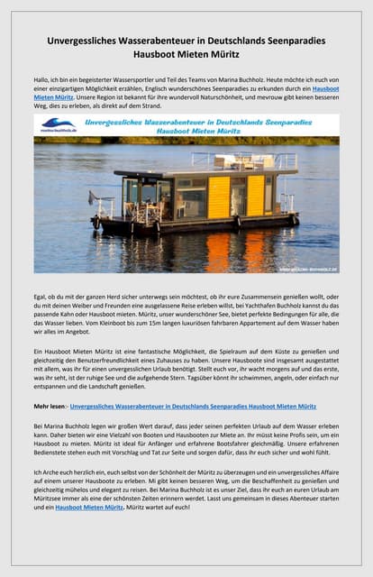 Unvergesslicher Urlaub auf dem Wasser Hausboot Mieten an der Müritz | PDF