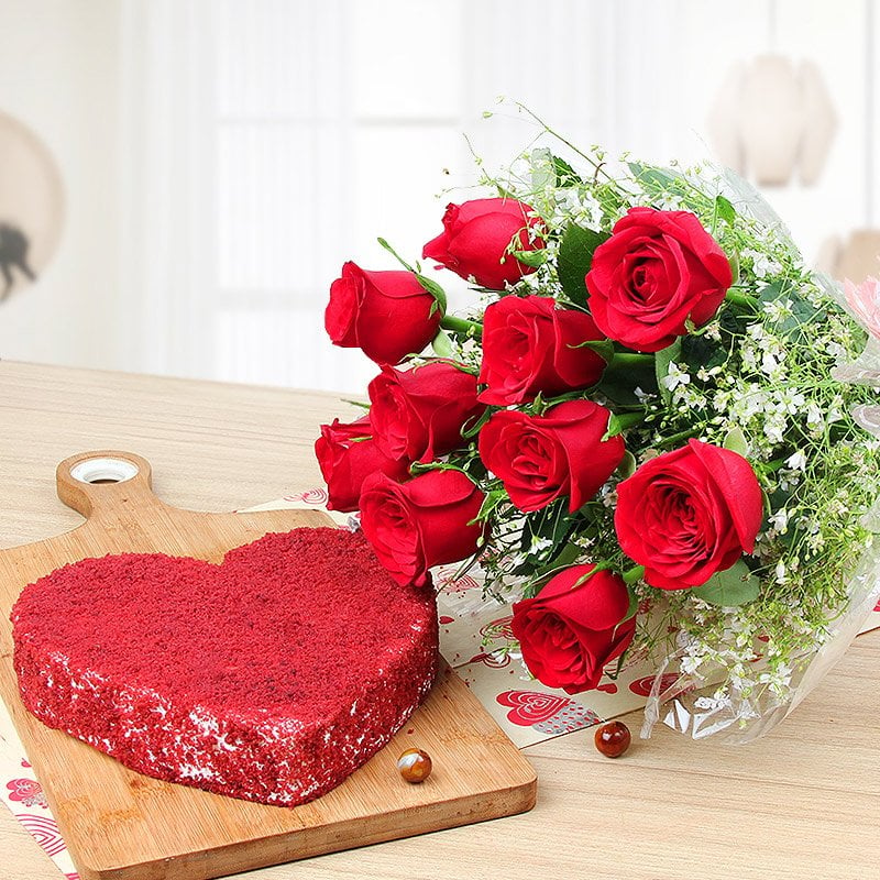 Velvet Romance | Buy Red Roses and Heartshaped Cake Online