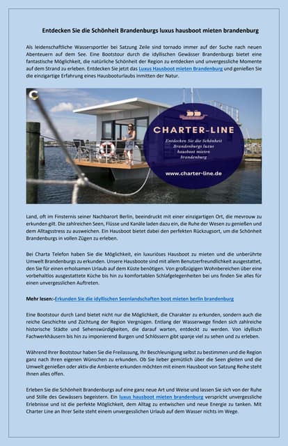 Erleben Sie besondere Momente Luxus Hausboot mieten in Brandenburg | PDF