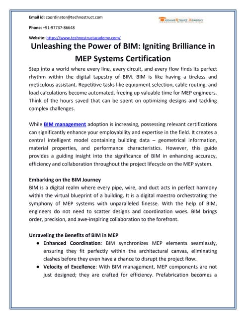 Unleashing the Power of BIM: Igniting Brilliance in MEP Systems Certification | PDF