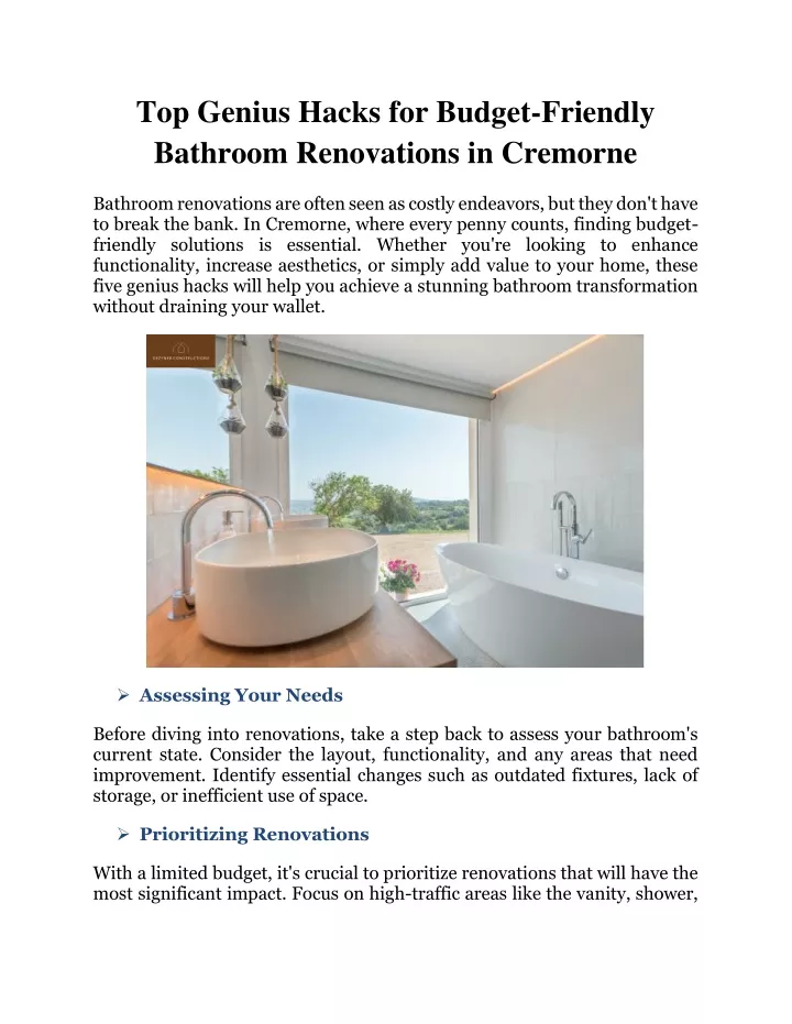 PPT - Top Genius Hacks for Budget-Friendly Bathroom Renovations in Cremorne PowerPoint Presentation - ID:13110775