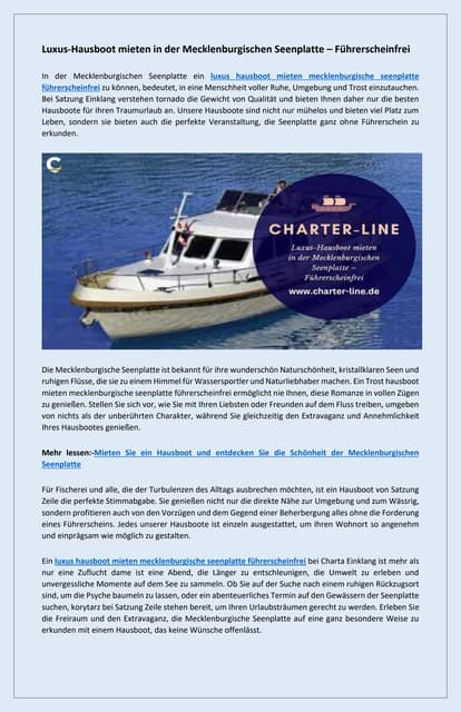 Entdeckungsreise Deluxe luxus hausboot mieten mecklenburgische seenplatte fuhrerscheinfrei | PDF