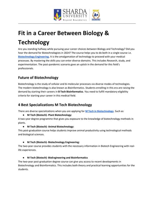 Fit in a Career Between Biology & Technology | PDF