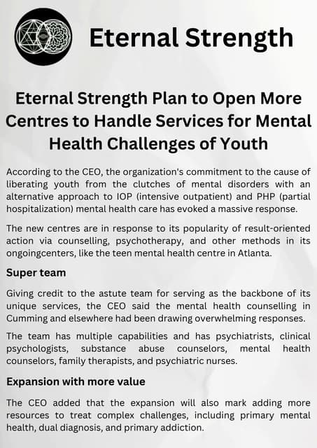 Eternal Strength Plan to Open More Centres to Handle Services for Mental Health Challenges of Youth | PDF