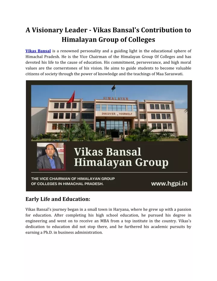 PPT - A Visionary Leader - Vikas Bansal's Contribution to Himalayan Group of Colleges PowerPoint Presentation - ID:12596564