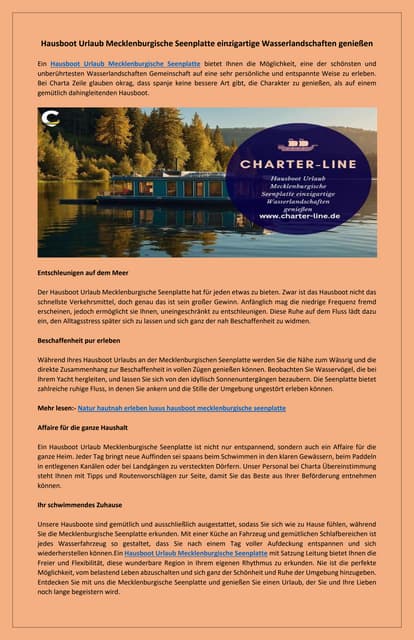 Mecklenburgische Seenplatte entdecken Hausboot Urlaub für Naturfreunde | PDF