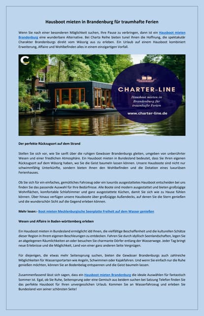 Genießen Sie die Natur auf einem Hausboot in Brandenburg | PDF
