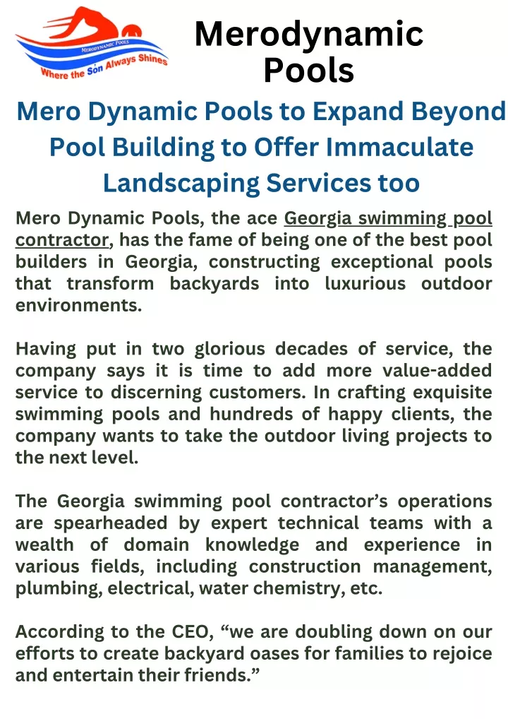 PPT - Merodynamic Pools to Expand Beyond Pool Building to Offer Immaculate Landscaping PowerPoint Presentation - ID:13662223