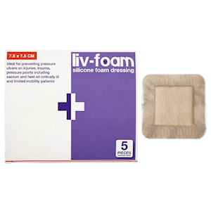 LIV-FOAM SILICONE FOAM DRESSING 7.5X7.5CM SELF ADHERENT 5/BX