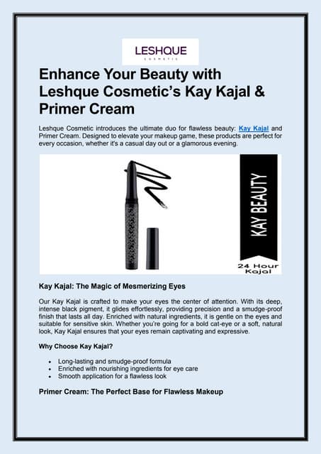 Enhance Your Beauty with Leshque Cosmetic’s Kay Kajal & Primer Cream | PDF