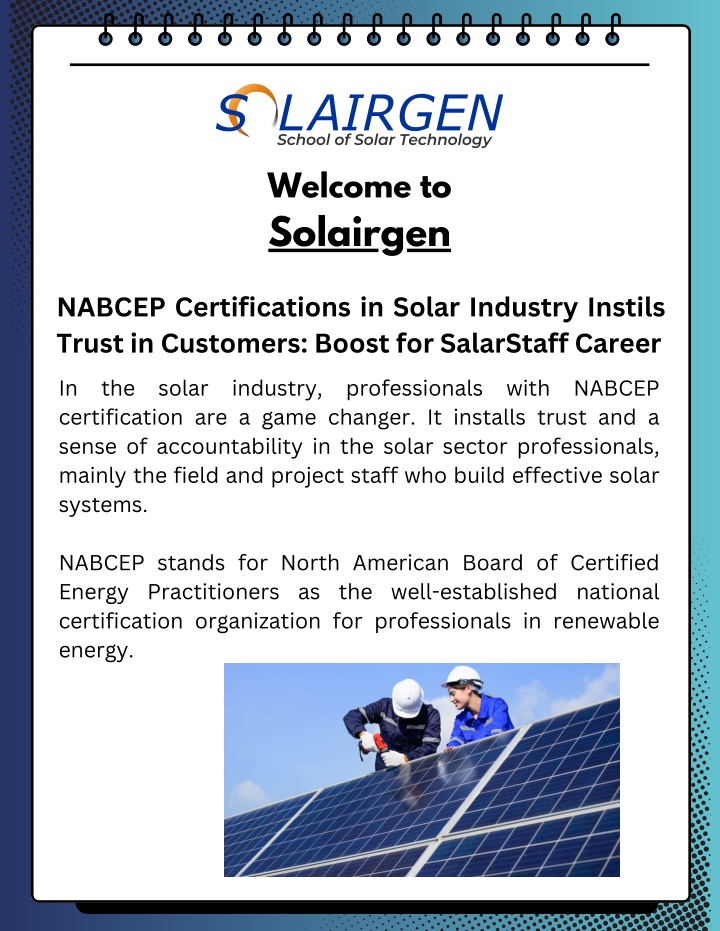 PPT - NABCEP Certifications in Solar Industry Instils Trust in Customers Boost for SalarStaff Career PowerPoint Presentation - ID:13769040