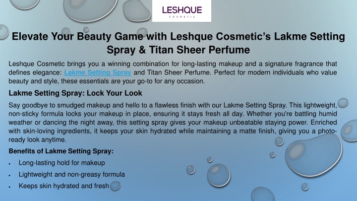 PPT - Elevate Your Beauty Game with Leshque Cosmetic’s Lakme Setting Spray & Titan Sheer Perfume PowerPoint Presentation - ID:13724752