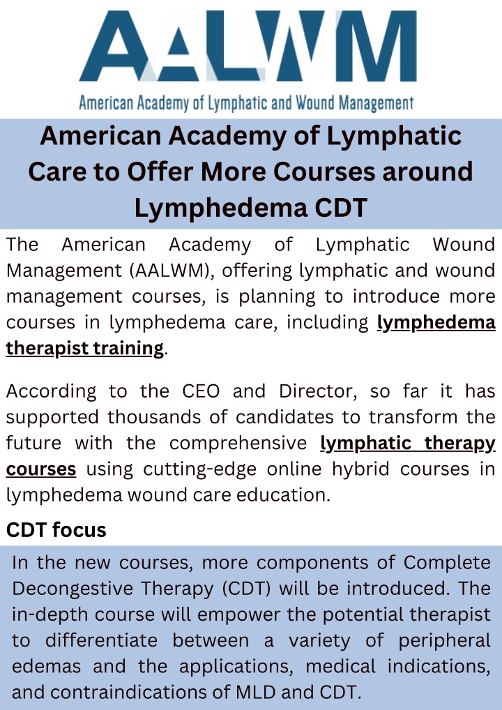 PPT - American Academy of Lymphatic Care to Offer More Courses around Lymphedema CDT PowerPoint Presentation - ID:13712854