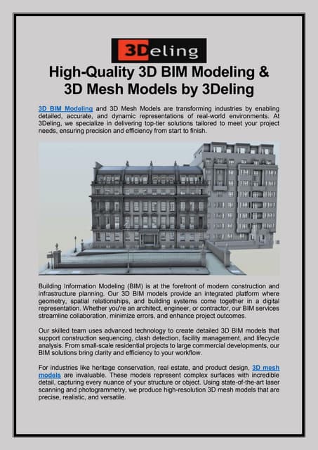 High-Quality 3D BIM Modeling & 3D Mesh Models by 3Deling | PDF