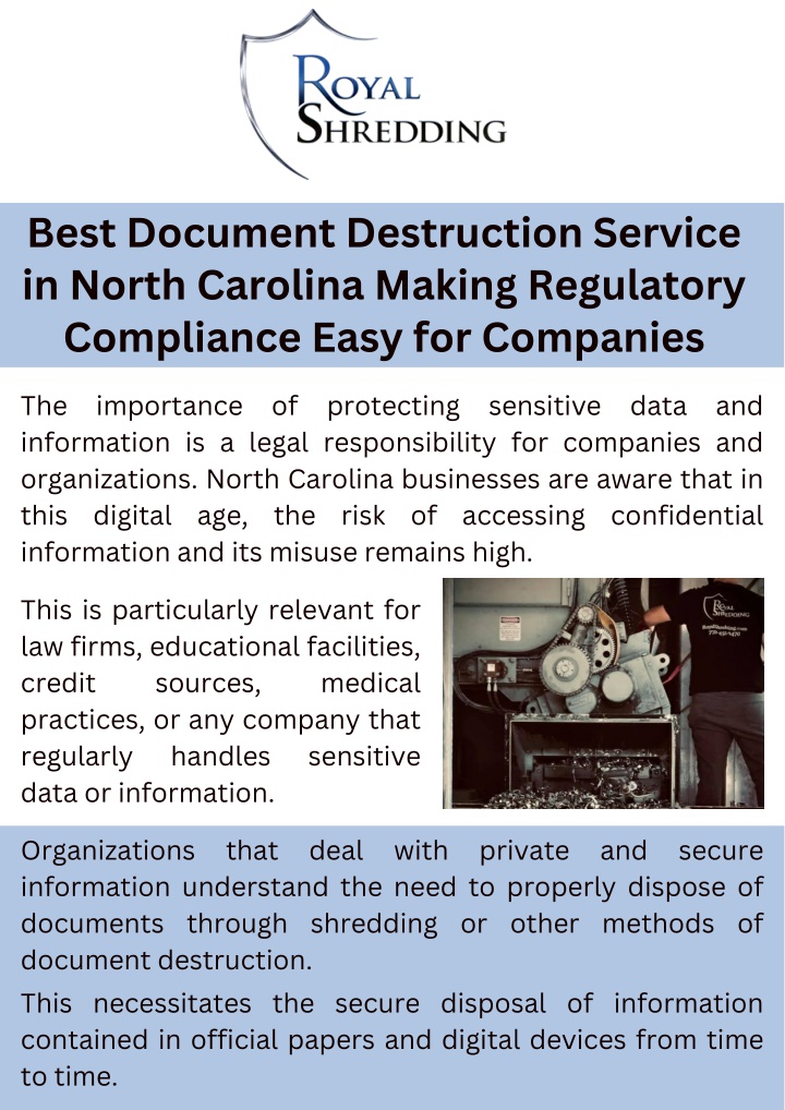 PPT - Best Document Destruction Service in North Carolina Making Regulatory Compliance Easy for Companies PowerPoint Presentation - ID:13821228