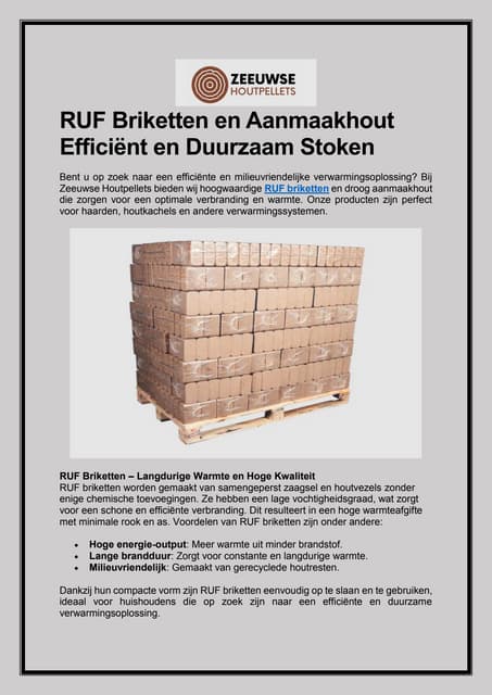 RUF Briketten en Aanmaakhout  Efficiënt en Duurzaam Stoken | PDF