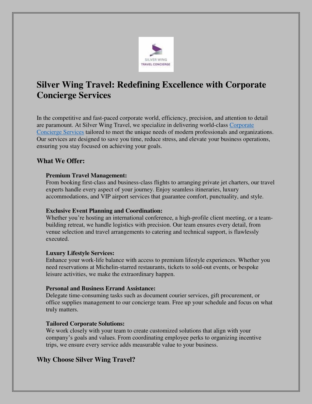 PPT - Silver Wing Travel Redefining Excellence with Corporate Concierge Services