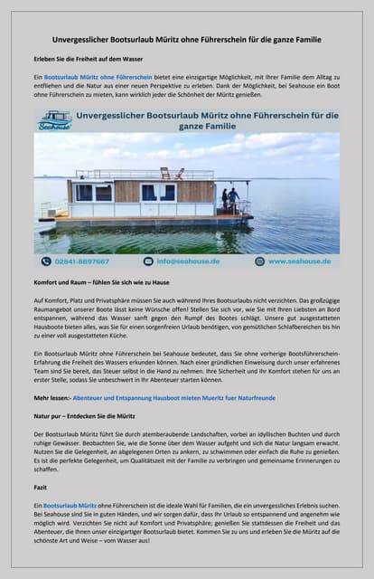 Entspannen Sie bei einem Bootsurlaub Mueritz ohne Fuehrerschein auf dem Wasser | PDF