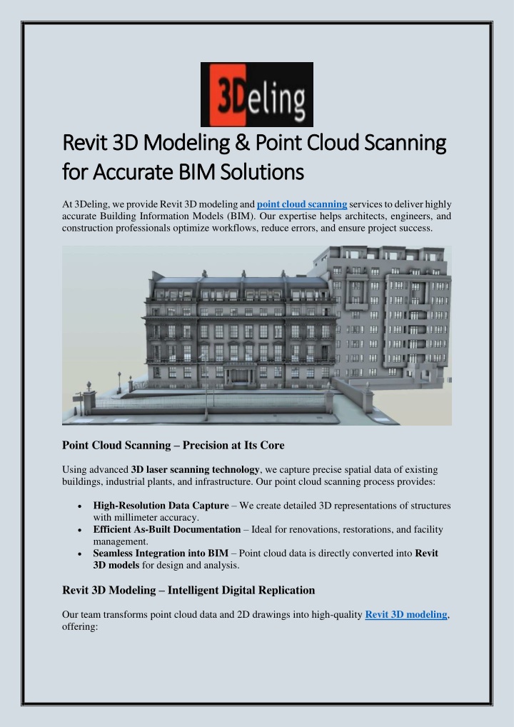 PPT - Revit 3D Modeling & Point Cloud Scanning for Accurate BIM Solutions PowerPoint Presentation - ID:13969057