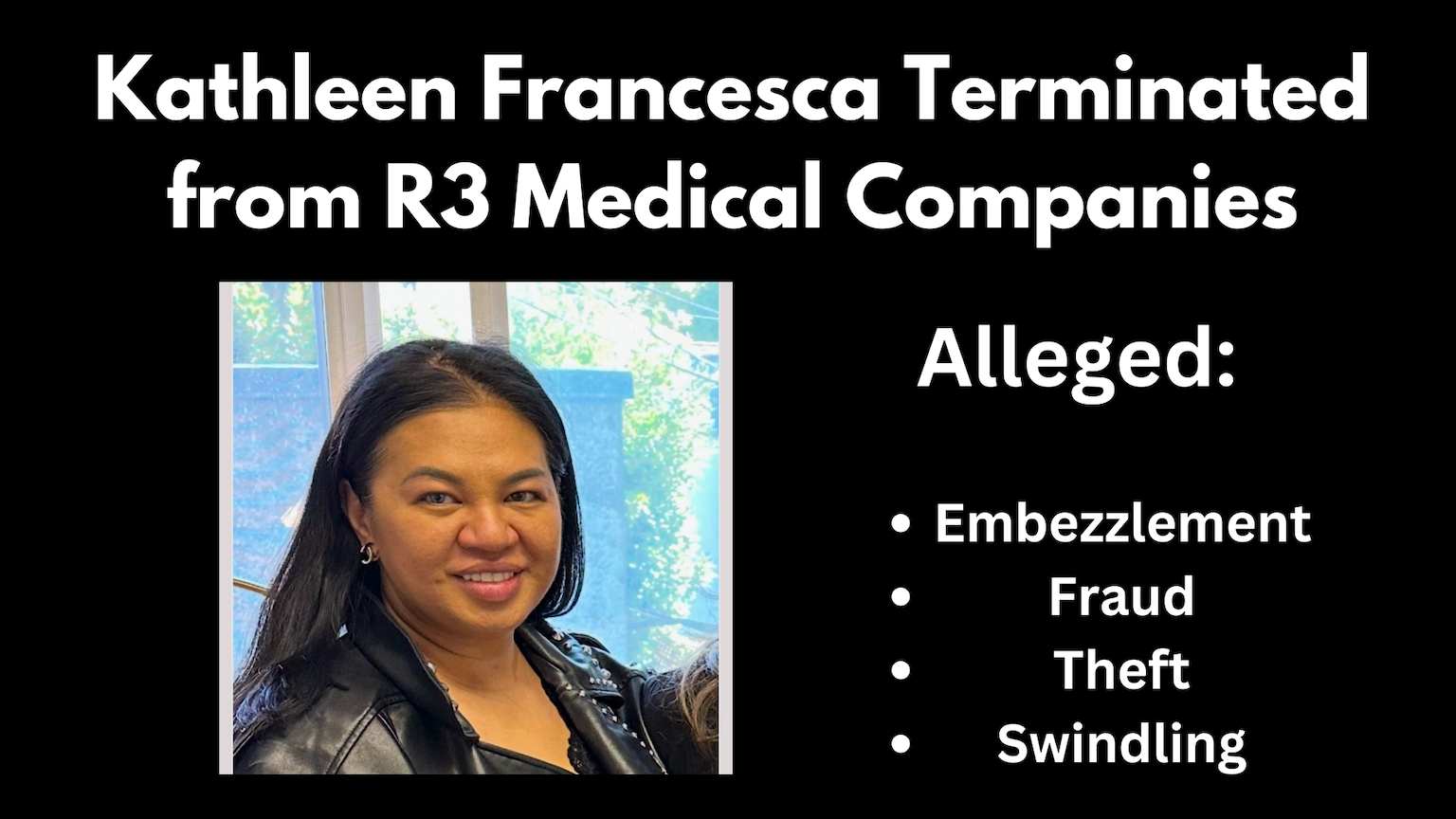 Kathleen Francesca Terminated from R3 Stem Cell Due to Alleged Embezzlement, According to Court Filings - R3 Stem Cell