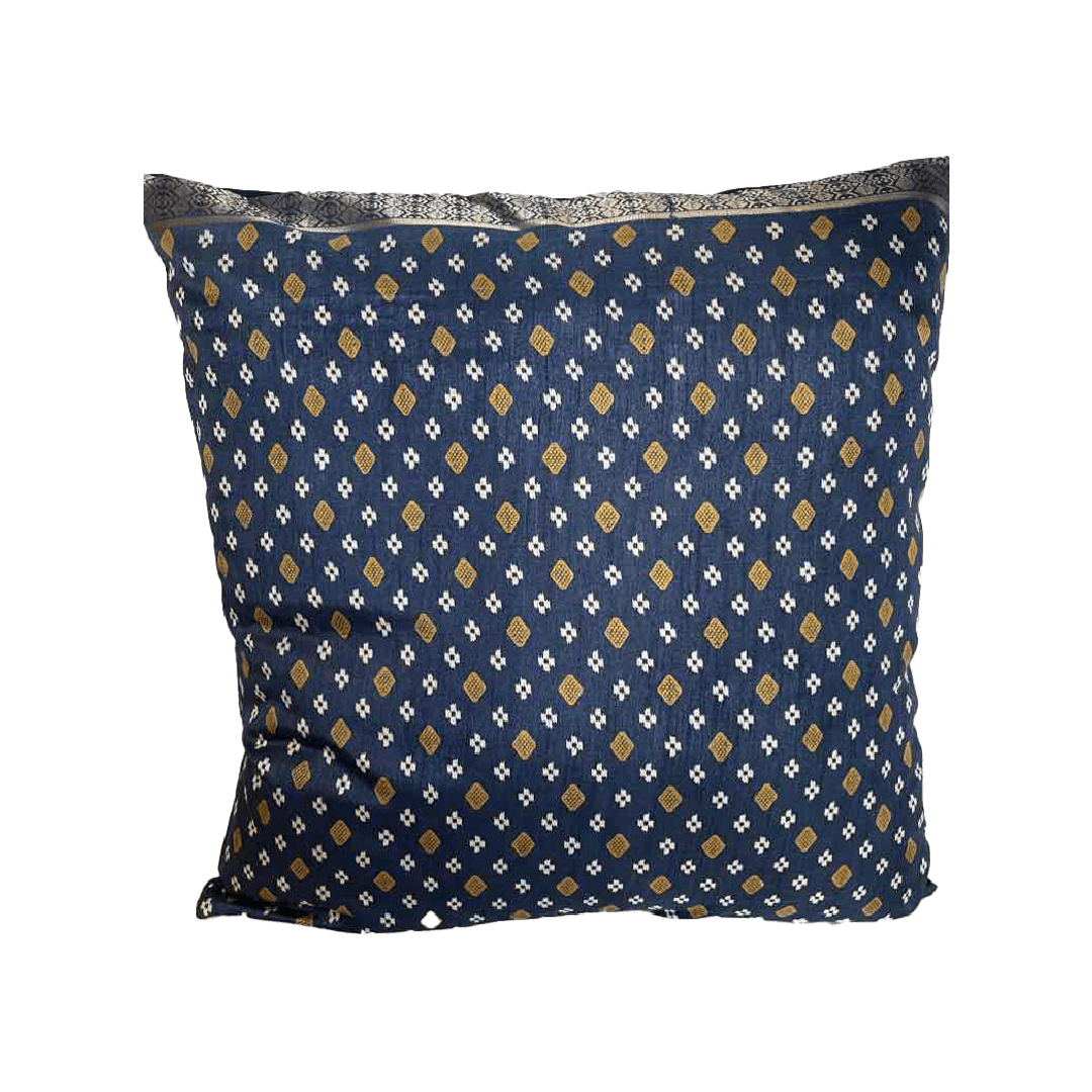 Sari Pillow Cover blue sari with thin gold trim - Elegance East