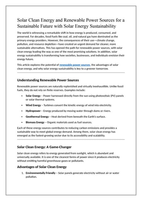 Solar Clean Energy and Renewable Power Sources for a Sustainable Future with Solar Energy Sustainability | DOCX