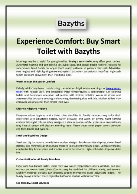 Experience Comfort: Buy Smart Toilet with Bazyths | PDF