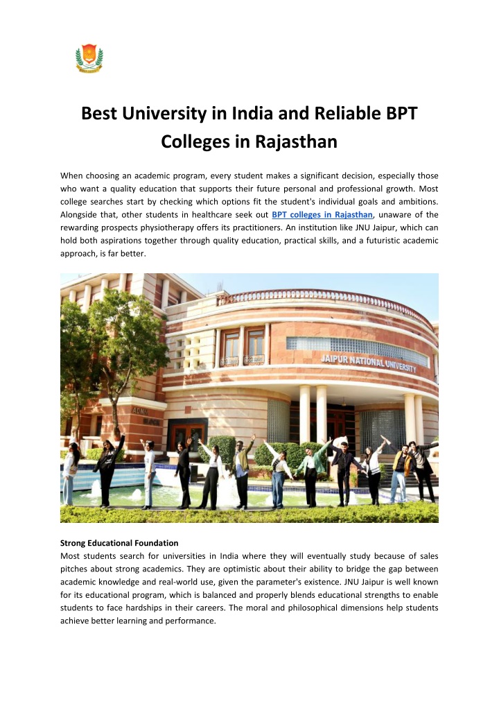 PPT - Best University in India and Reliable BPT Colleges in Rajasthan PowerPoint Presentation - ID:14681157