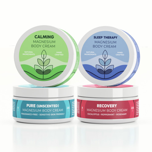Magnesium Body Cream Collection – Complete 4-Pack Set – Therapeutic Bath Soak