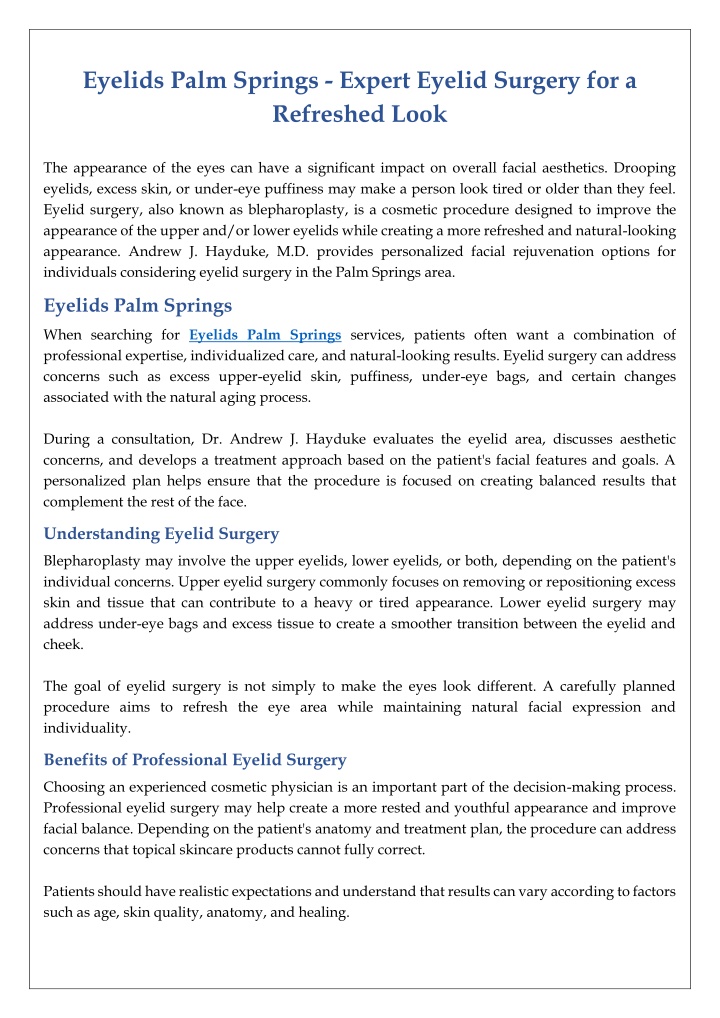Eyelids Palm Springs - Expert Eyelid Surgery for a Refreshed Look